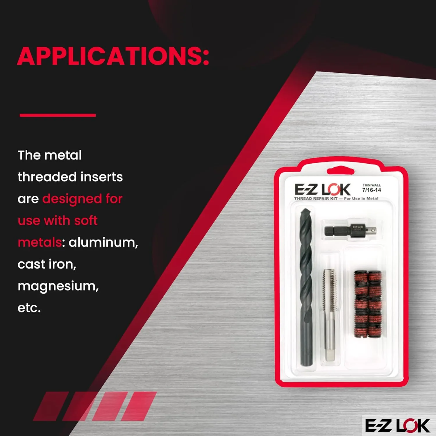 E-Z LOK EZ-310-7 Thread Repair Kit for Metal Carbon Steel Threaded Inserts 7/16-14 and Installation Tools