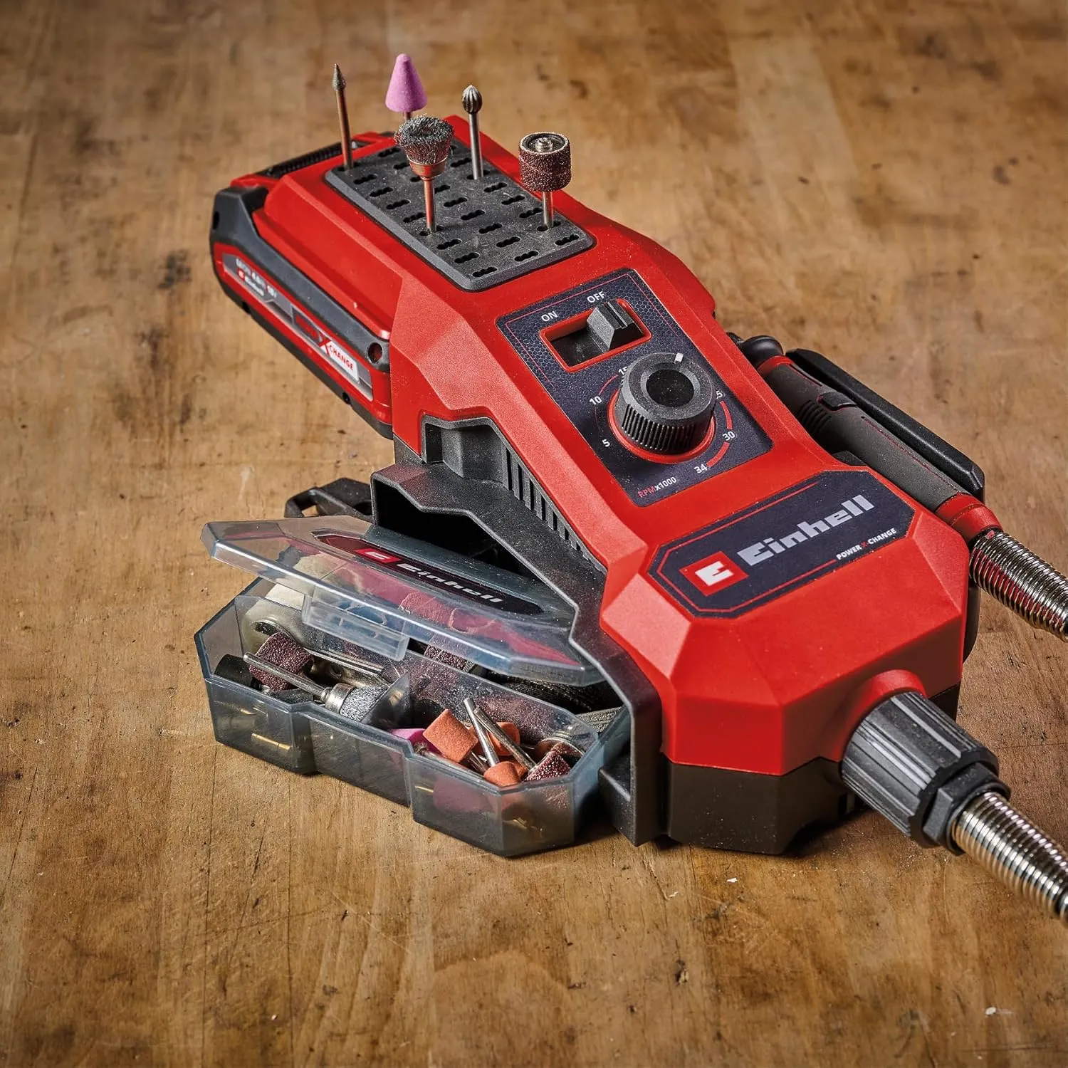 Einhell Power X-Change Cordless Grinding and Engraving Tool - 18V, Variable Speed (5,000-34,000 RPM), Engraving Tip - TE-MT 18/34 Li Rotary Multi Tool with 55pc Accessory Set (Battery Not Included)