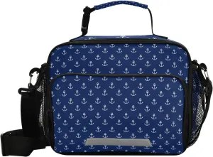 Eionryn Anchor Navy Blue Pattern Lunch Bags Nautical Ocean Maritime Lunch Box Insulated Cooler Bag Reusable Tote Shoulder Bag for Outdoor Picnic Meal Office