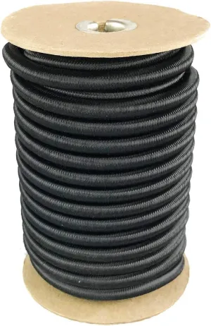 Elastic Bungee Cord. 3/16", 3/8", 1/4", 5/16", 1/8". 50 and 100 Foot Spools. Weather and Abrasion Resistant. Used for Tie Downs, Crafting, DIY Projects. Black Shock Cord. Made in the USA