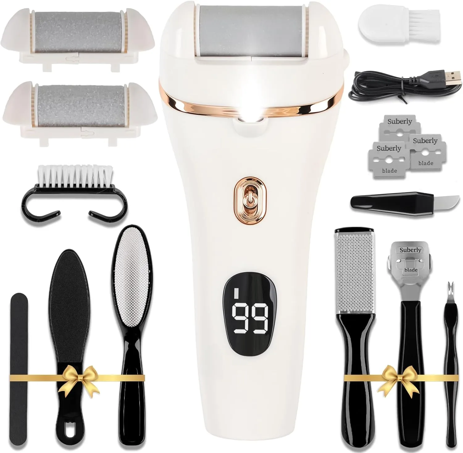 Electric Callus Remover for Feet, 17-in-1 Professional Pedicure Kit, Foot Scrubber Electric Foot File for Hard Cracked Dry Dead Skin, 3 Rollers, 2 Speed, Battery Display