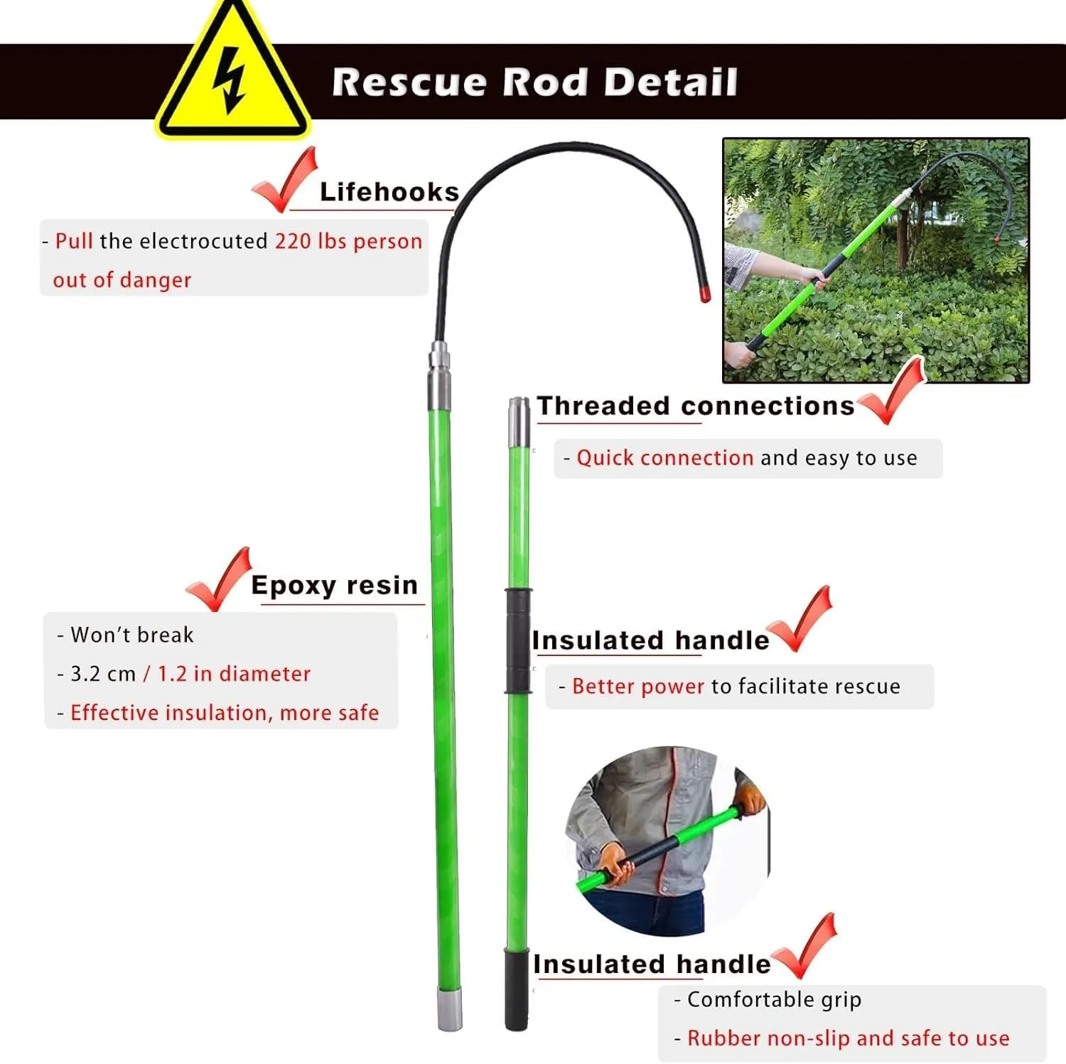 Electric Shock Emergency Rescue Hook, Insulated Assist Hook Pulling Pole,Fire Electrician Anti electrocution, Emergency Pull Stick from Danger(4.9ft 1.5m)