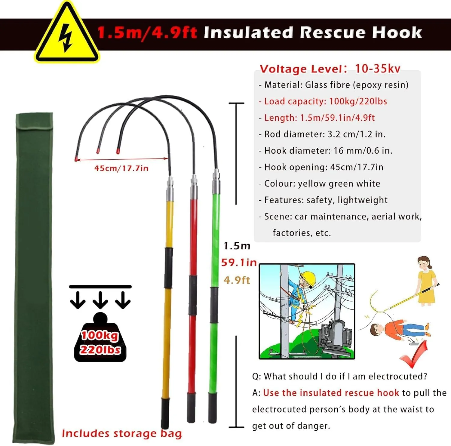 Electric Shock Emergency Rescue Hook, Insulated Assist Hook Pulling Pole,Fire Electrician Anti electrocution, Emergency Pull Stick from Danger(4.9ft 1.5m)