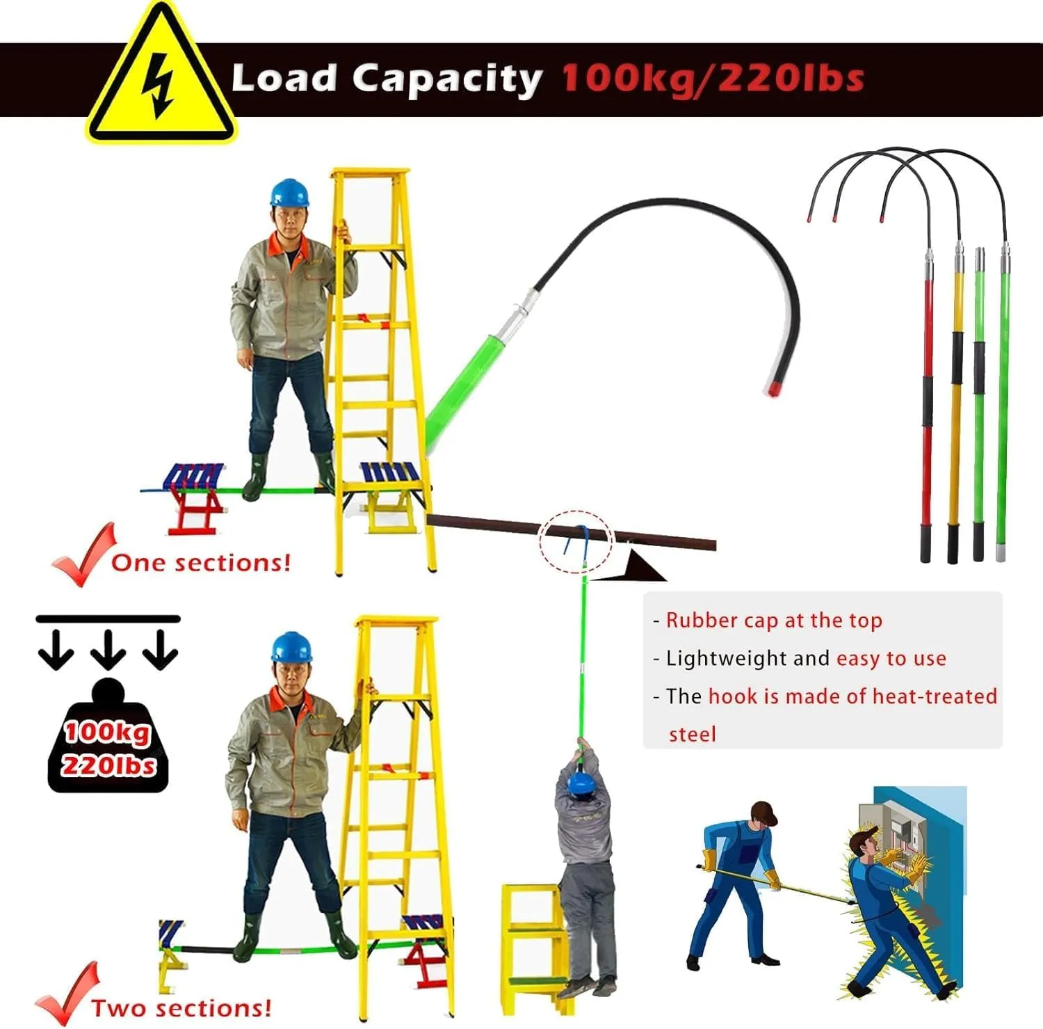 Electric Shock Emergency Rescue Hook, Insulated Assist Hook Pulling Pole,Fire Electrician Anti electrocution, Emergency Pull Stick from Danger(4.9ft 1.5m)