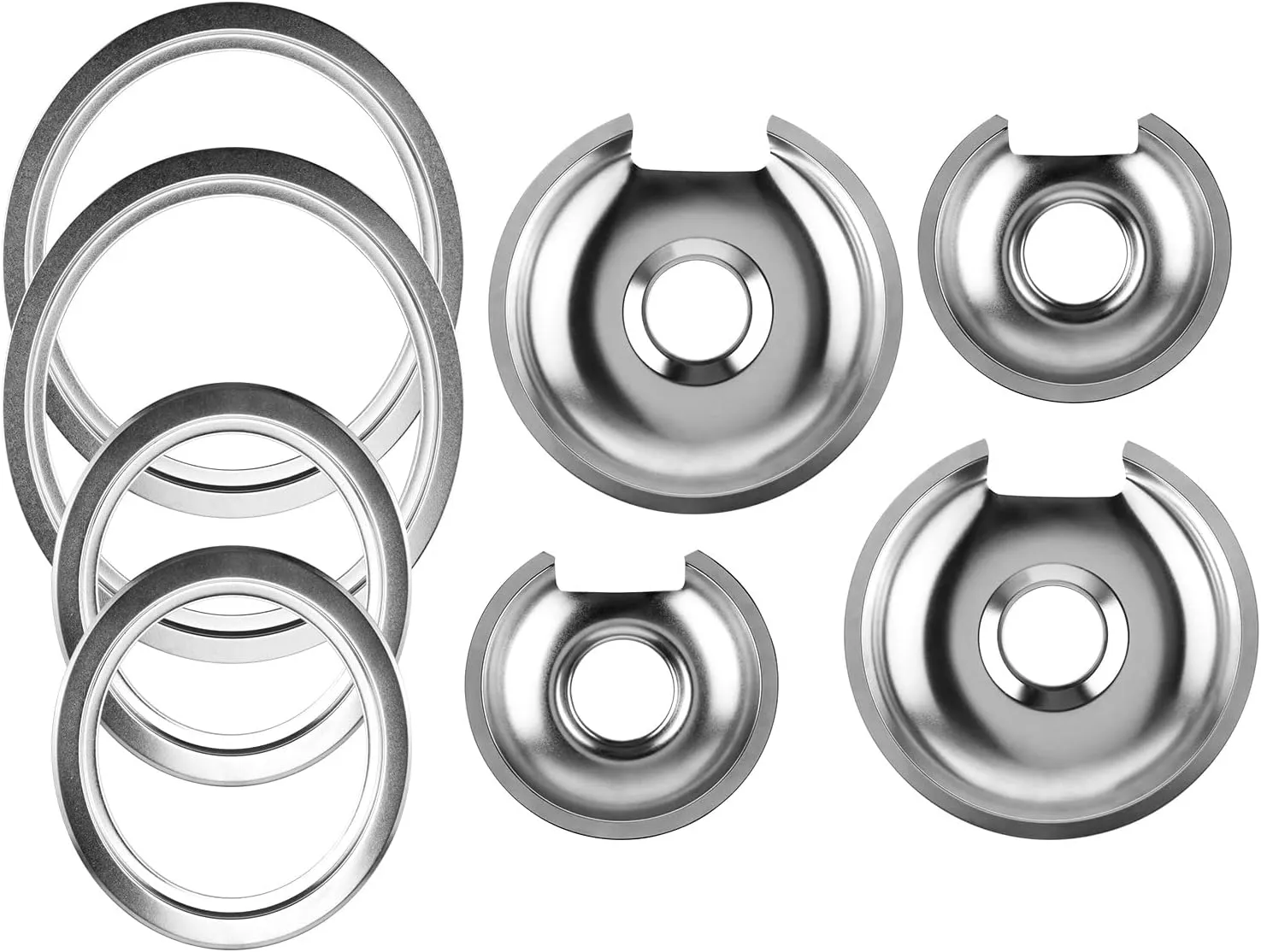 Electric Stove Burner Drip Pans 2 Large 8'' WB32X10013 & 2 Small 6'' WB32X10012 Chrome Burner Drip Pan Bowls Set, Drip Pan and Trim Ring Set for Electric Range by Fetechmate