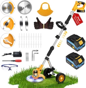 Electric Weed Wacker Cordless Weed Eater Battery Powered 21V, 4-in-1 Brush Cutter/String Trimmer/Grass Trimmer/Lawn Mower, 6 inch Lightweight Edger Stringless Weed Trimmer with Wheel & Blade,2 Battery