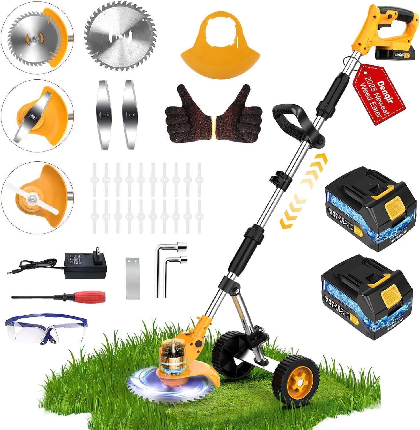 Electric Weed Wacker Cordless Weed Eater Battery Powered 21V, 4-in-1 Brush Cutter/String Trimmer/Grass Trimmer/Lawn Mower, 6 inch Lightweight Edger Stringless Weed Trimmer with Wheel & Blade,2 Battery