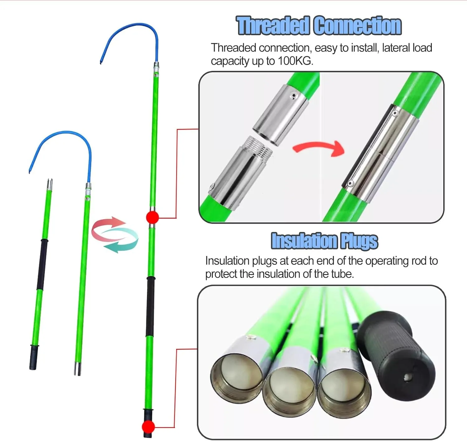 Electrical Safety Rescue Hook with Long Pole, High Voltage Hotstick Insulated Fiberglass Emergency Life-saving Equipment, Anti-Electric Shock Tool For Substations, Distribution Rooms(3 pack,1m/3.3ft)