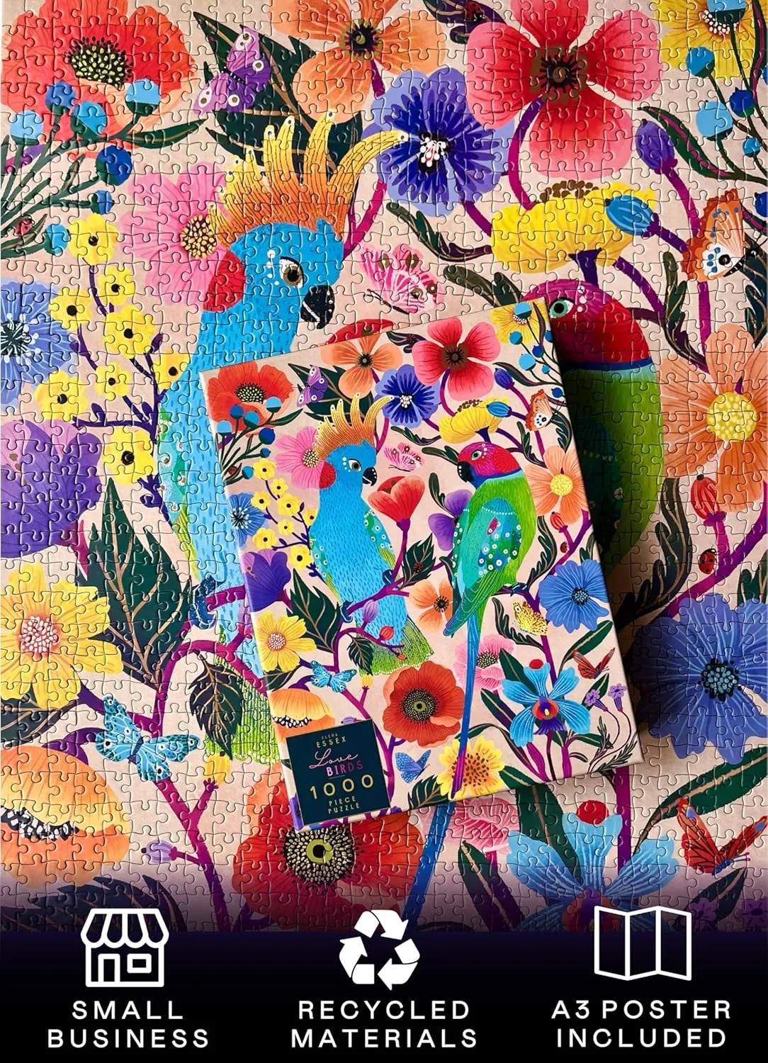 Elena Essex Puzzles for Adults 1000 Pieces - Lovebirds | Jigsaw Puzzles | 1000 Piece Puzzle for Adults | Colorful Art Butterflies and Birds Puzzle | 20x28inches