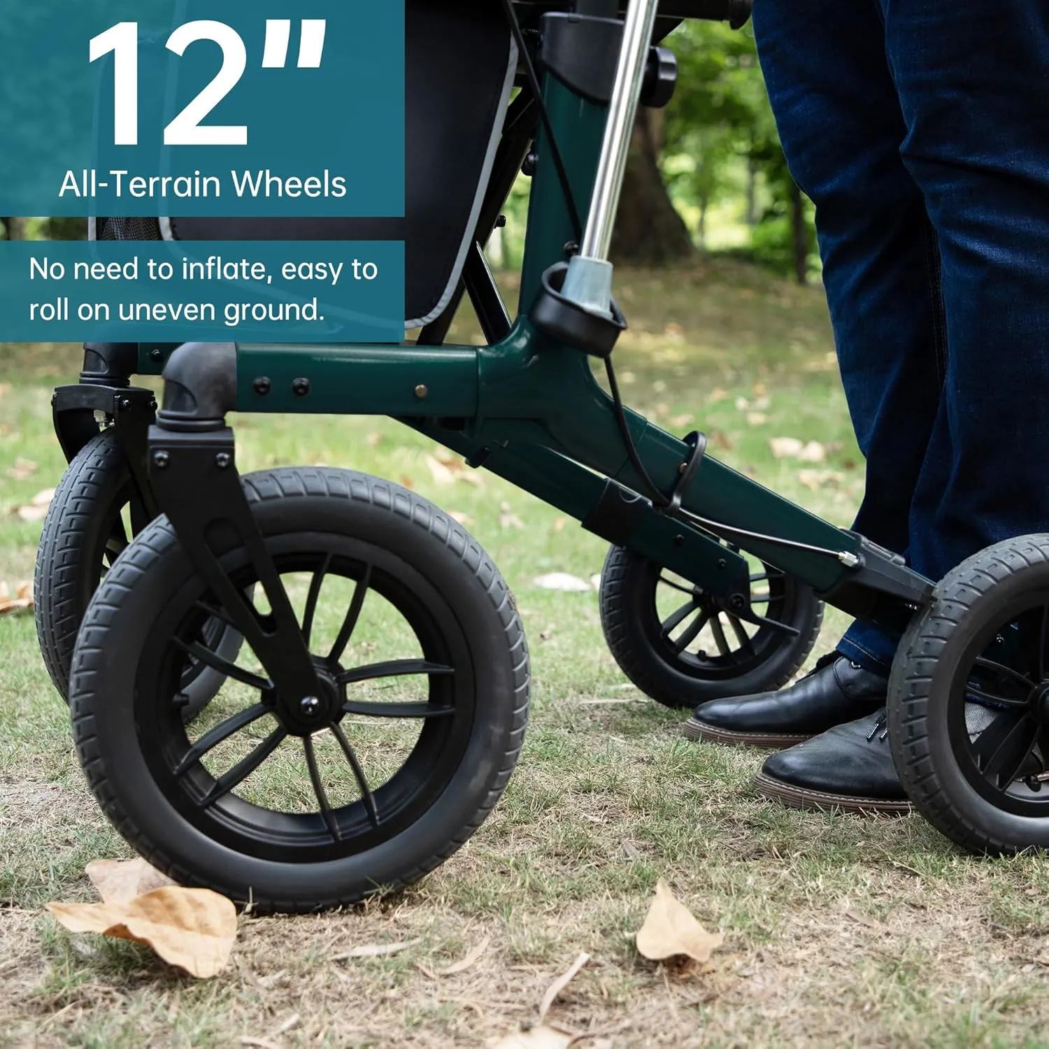 ELENKER All-Terrain Rollator Walker with Non-Pneumatic Tire 12” Front Rubber Wheels, Compact Folding Design for Seniors, Green