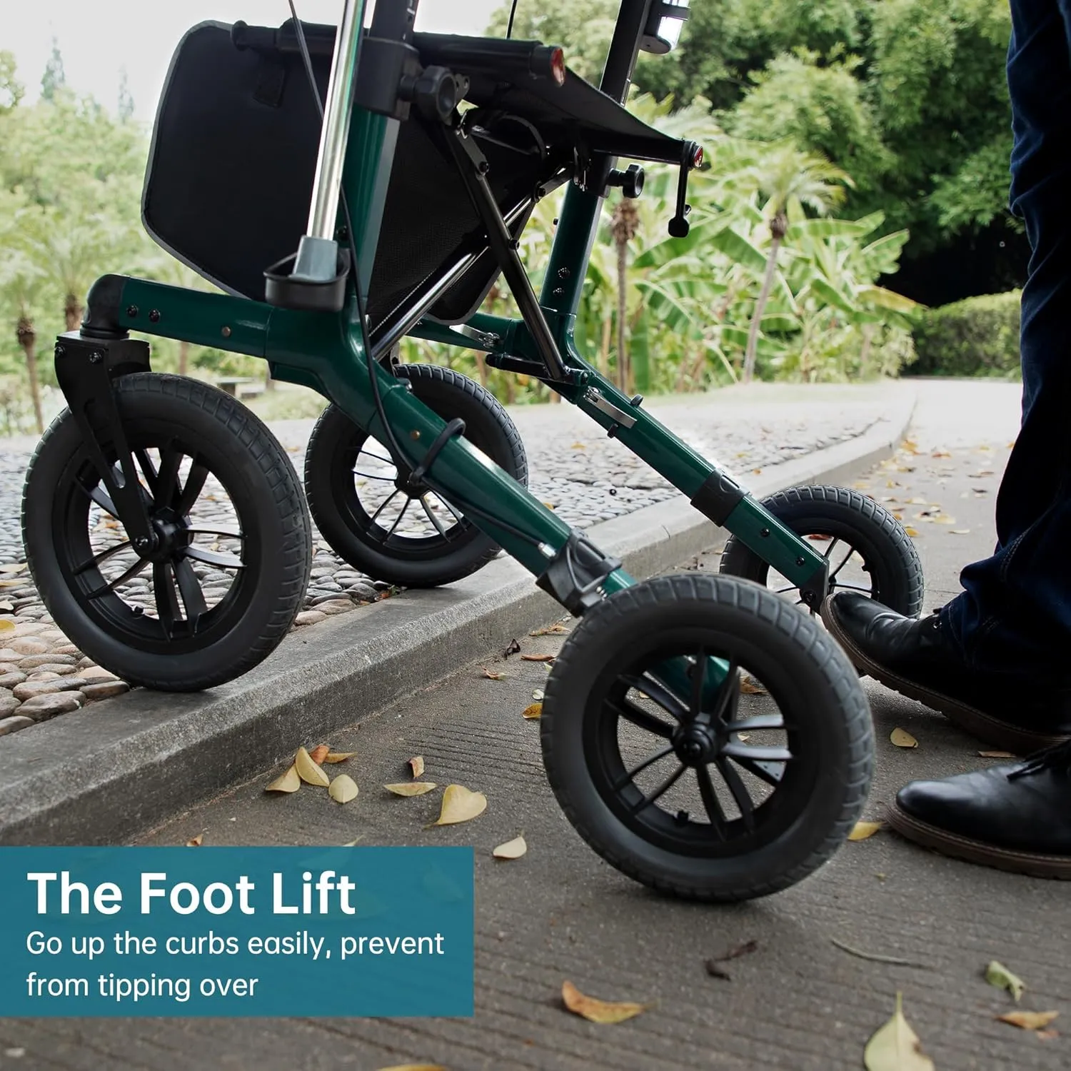 ELENKER All-Terrain Rollator Walker with Non-Pneumatic Tire 12” Front Rubber Wheels, Compact Folding Design for Seniors, Green
