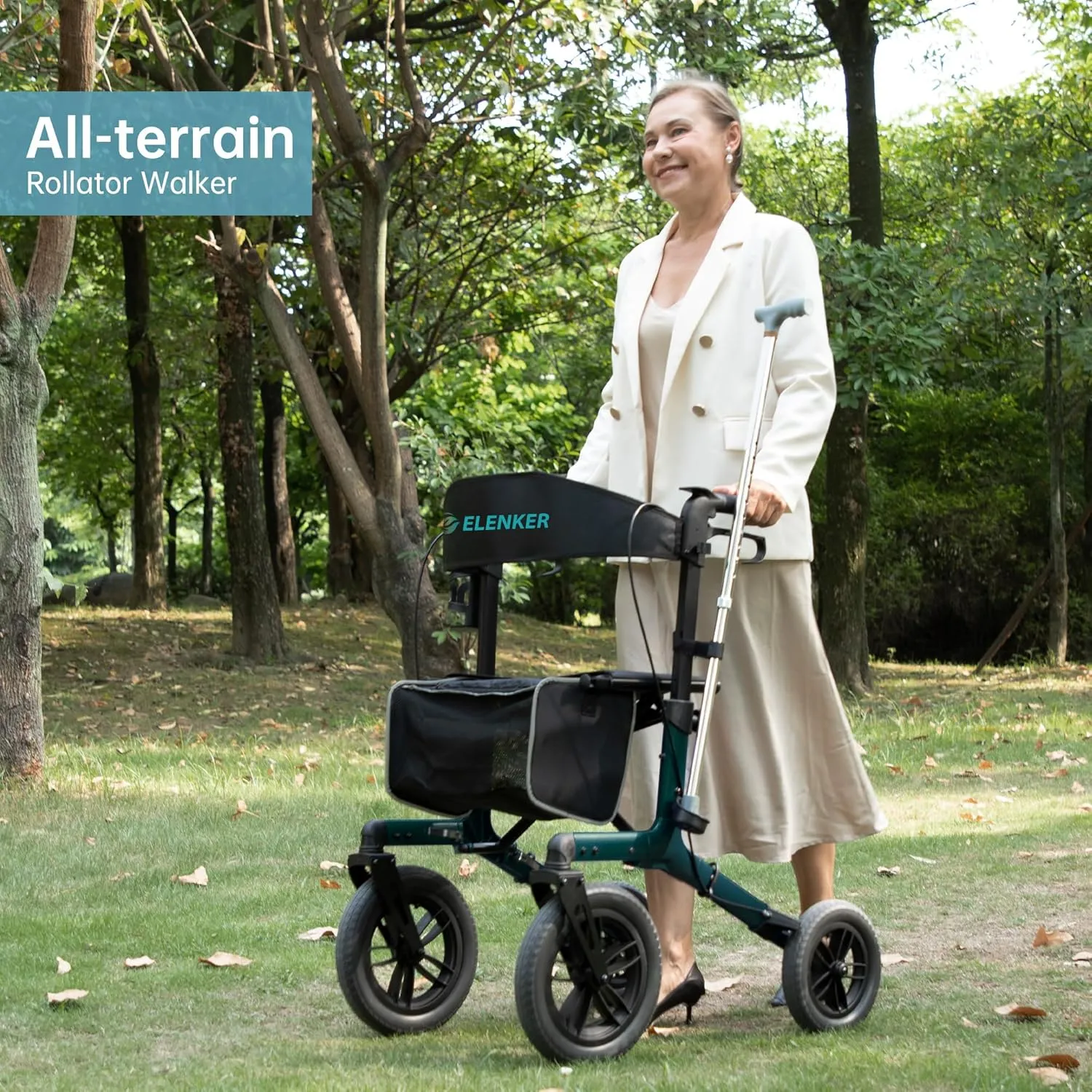 ELENKER All-Terrain Rollator Walker with Non-Pneumatic Tire 12” Front Rubber Wheels, Compact Folding Design for Seniors, Green