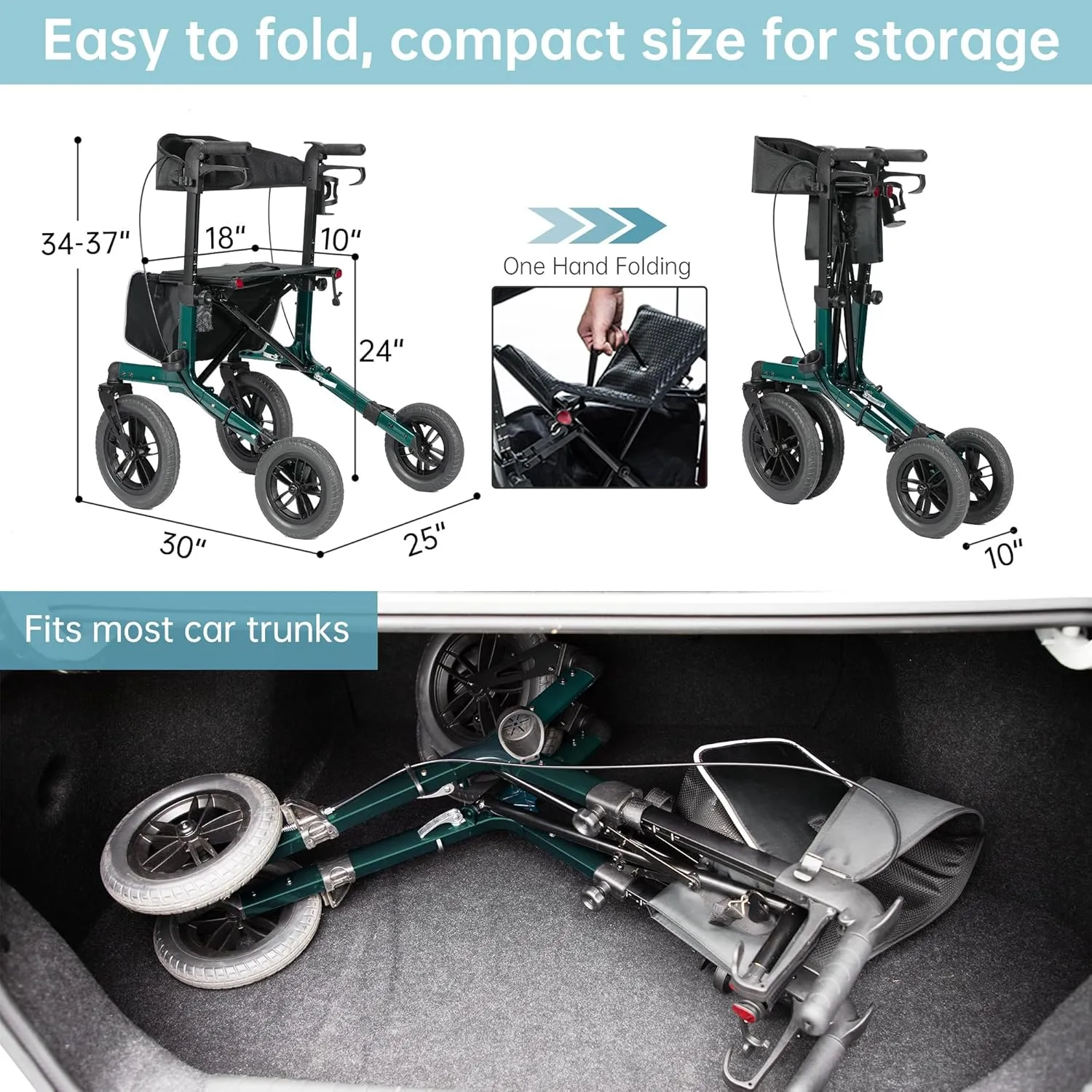 ELENKER All-Terrain Rollator Walker with Non-Pneumatic Tire 12” Front Rubber Wheels, Compact Folding Design for Seniors, Green