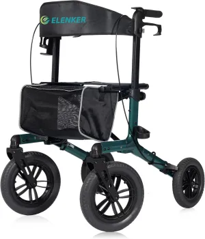 ELENKER All-Terrain Rollator Walker with Non-Pneumatic Tire 12” Front Rubber Wheels, Compact Folding Design for Seniors, Green