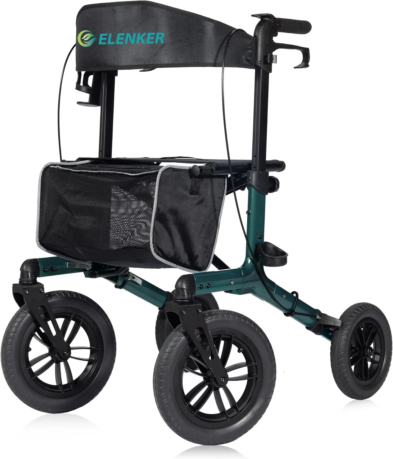 ELENKER All-Terrain Rollator Walker with Non-Pneumatic Tire 12” Front Rubber Wheels, Compact Folding Design for Seniors, Green