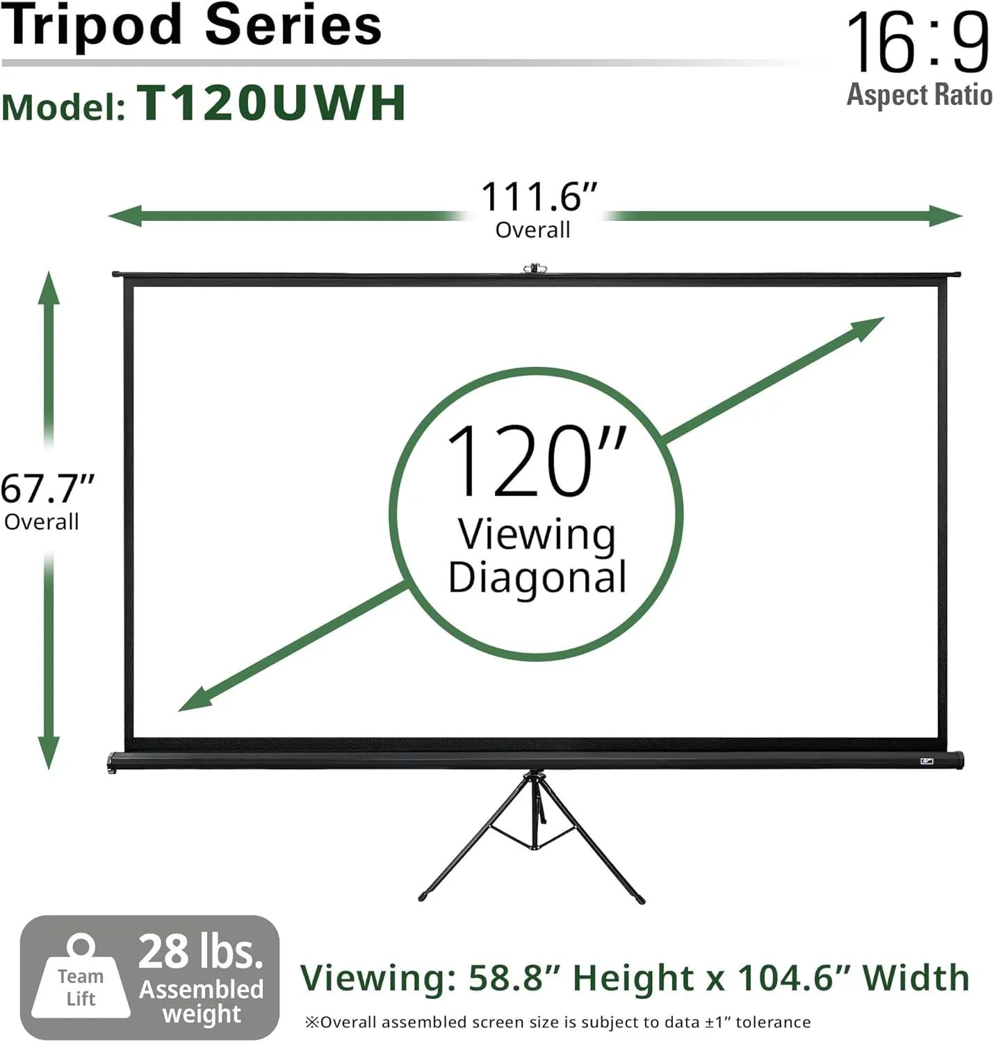 Elite Screens Tripod Projector Screen, 120-inch Adjustable Multi Aspect Ratio 16:9 Portable Manual Pull Up Front Projection, T120UWH - Black Case - US Based Company 2-YEAR WARRANTY