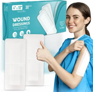 Elleirb Water-Resistant Island Dressing 4x10, Large Non-Stick Pads w/Adhesive Border Bandages for Wounds | 30 Individually Packed Wound Care & Dressings, Highly Absorbent, Latex-Free First-Aid Kits