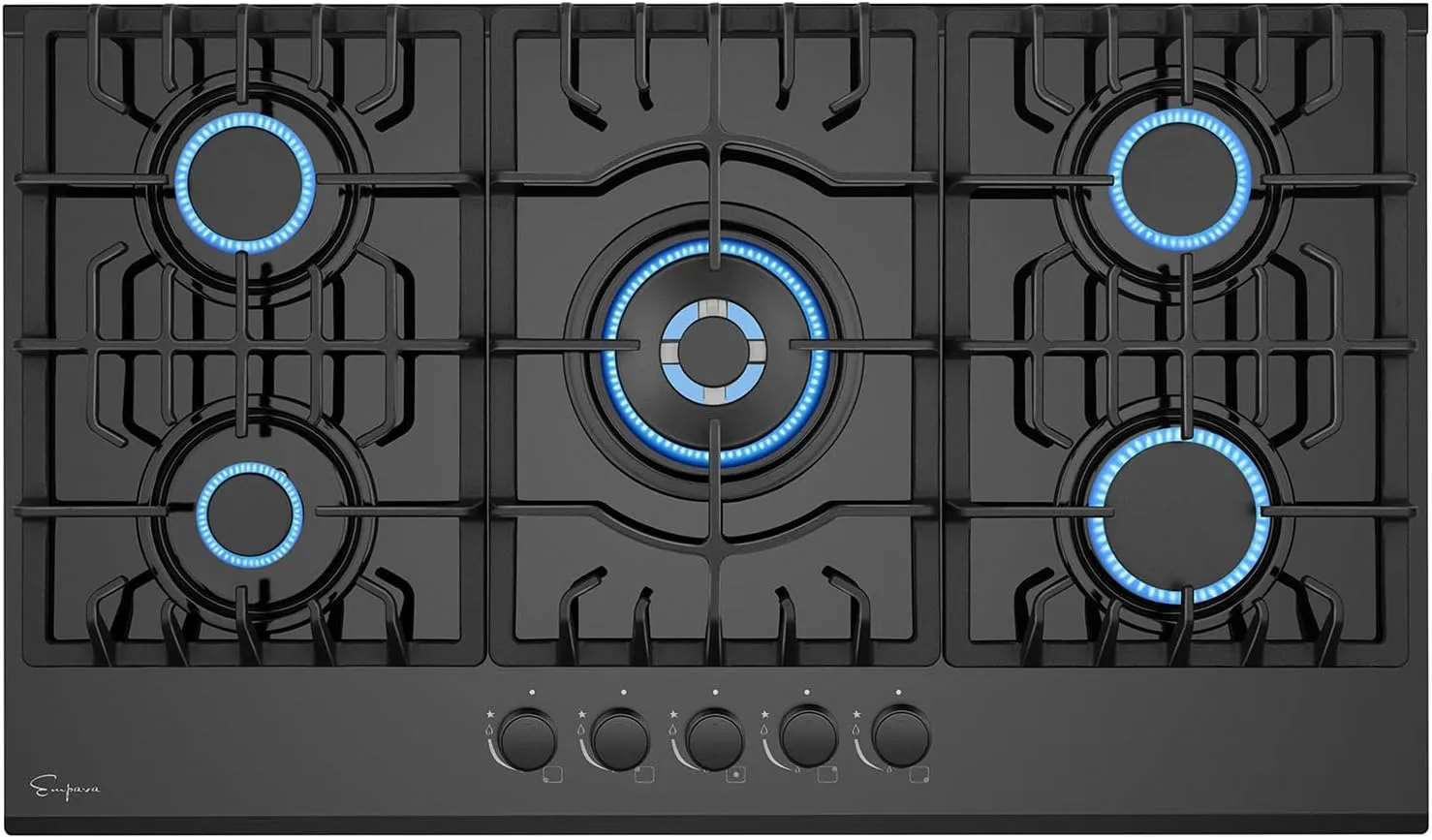 Empava 36" Bulit-in Tempered Glass Gas Cooktops 5 Italy Imported Sabaf Burners Stove Tops, 36 Inch, Black
