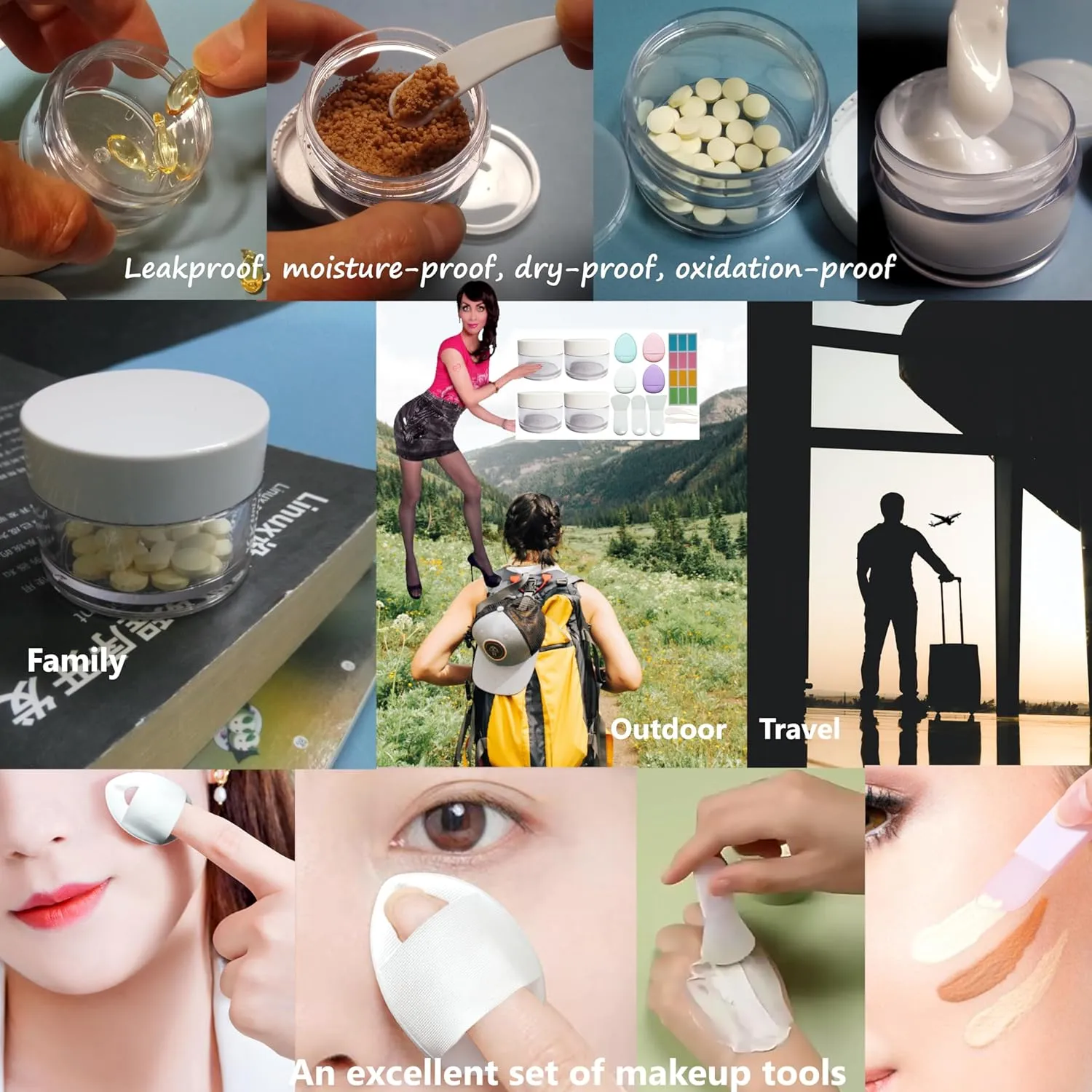Empty 1 oz Thick PETG Plastic Travel Jars with Lids for Creams, Lotions, Powders for Toiletries, Makeup and Pill Organizers, With Silicone Makeup Brush, Sponge Puff