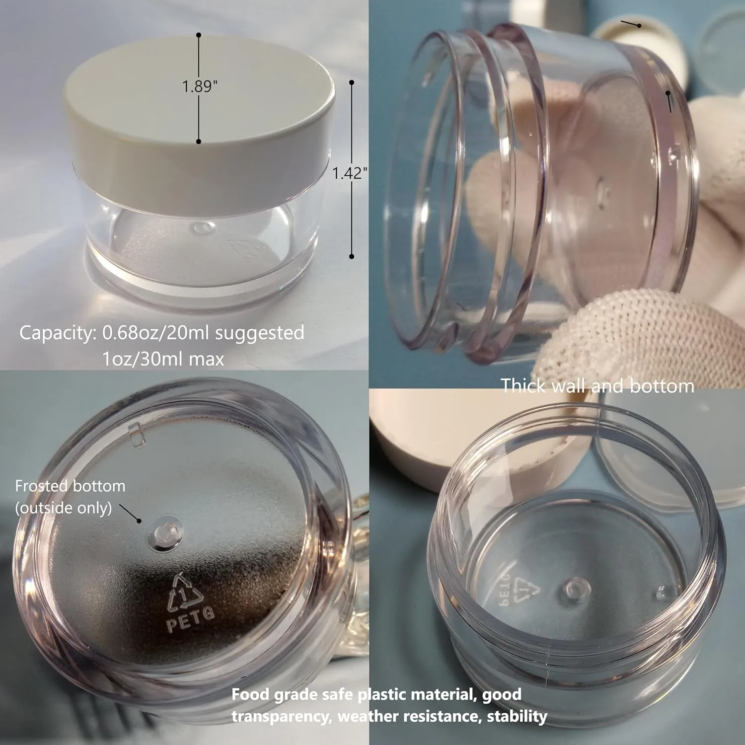 Empty 1 oz Thick PETG Plastic Travel Jars with Lids for Creams, Lotions, Powders for Toiletries, Makeup and Pill Organizers, With Silicone Makeup Brush, Sponge Puff