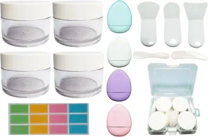 Empty 1 oz Thick PETG Plastic Travel Jars with Lids for Creams, Lotions, Powders for Toiletries, Makeup and Pill Organizers, With Silicone Makeup Brush, Sponge Puff