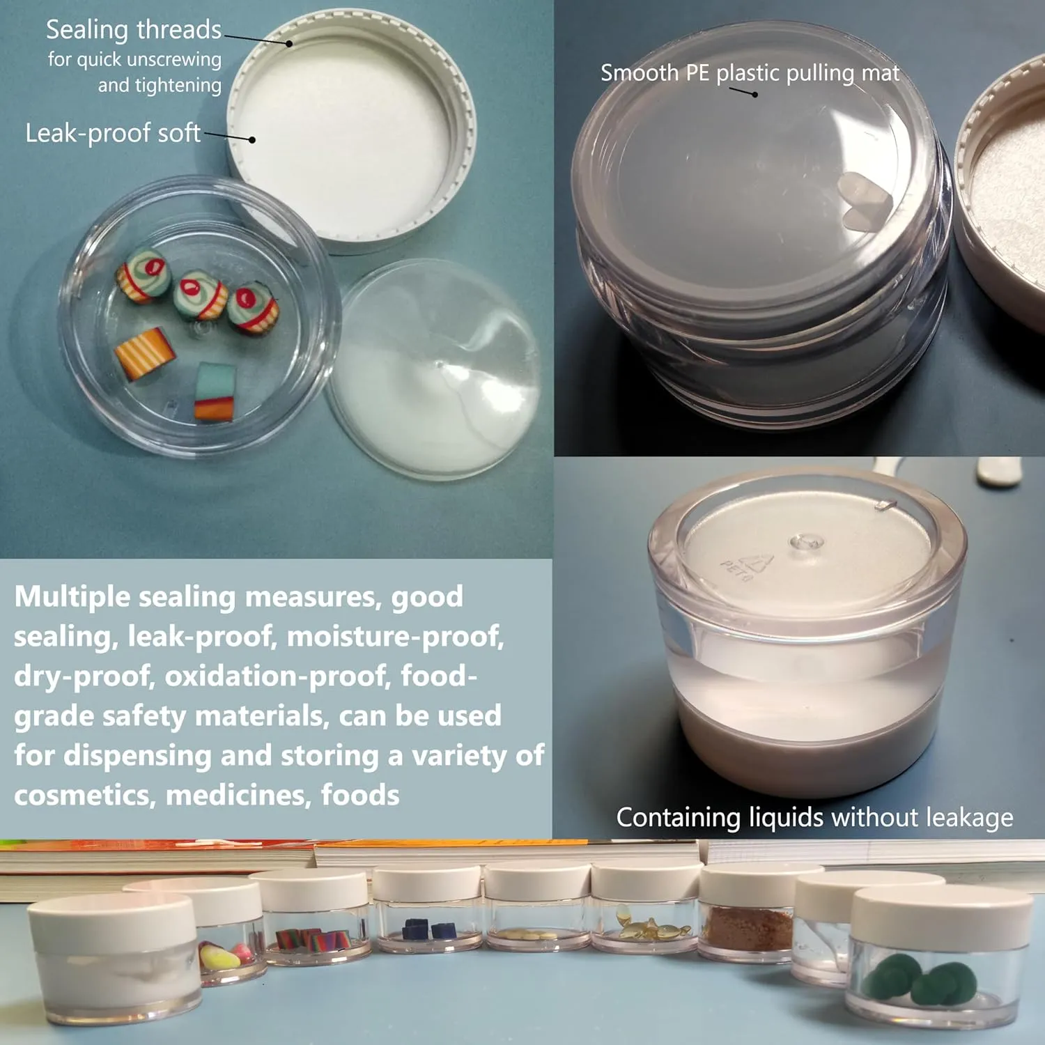 Empty 1 oz Thick PETG Plastic Travel Jars with Lids for Creams, Lotions, Powders for Toiletries, Makeup and Pill Organizers, With Silicone Makeup Brush, Sponge Puff