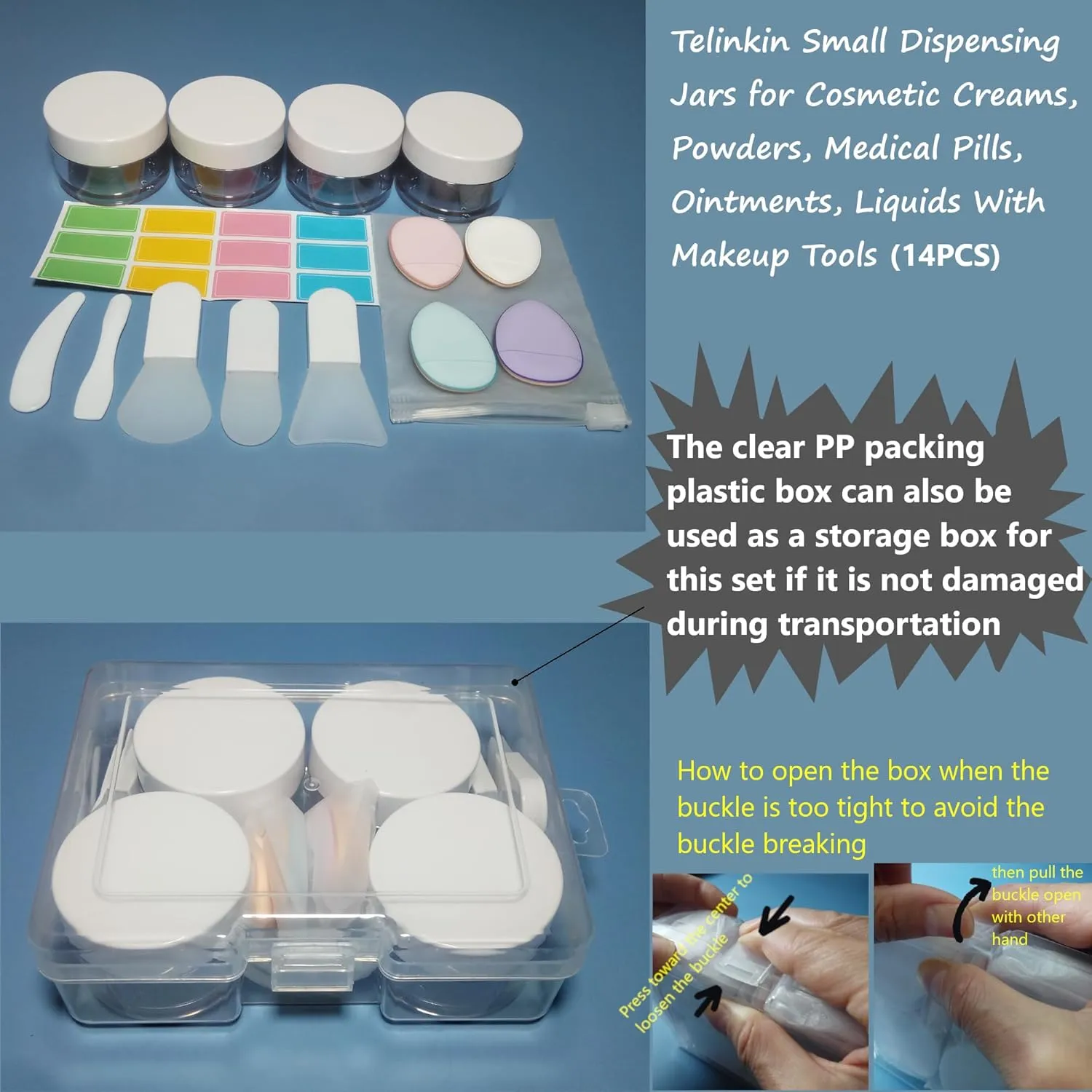 Empty 1 oz Thick PETG Plastic Travel Jars with Lids for Creams, Lotions, Powders for Toiletries, Makeup and Pill Organizers, With Silicone Makeup Brush, Sponge Puff