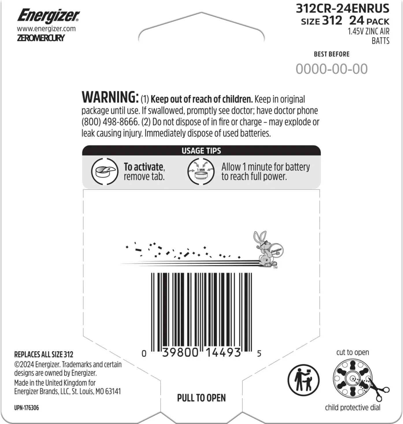 Energizer Hearing Aid Batteries Size 312, Brown Tab, 24 Pack