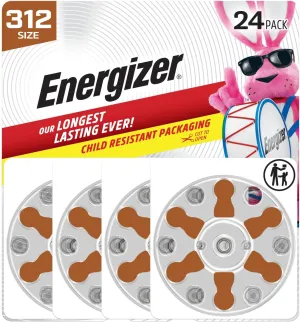 Energizer Hearing Aid Batteries Size 312, Brown Tab, 24 Pack