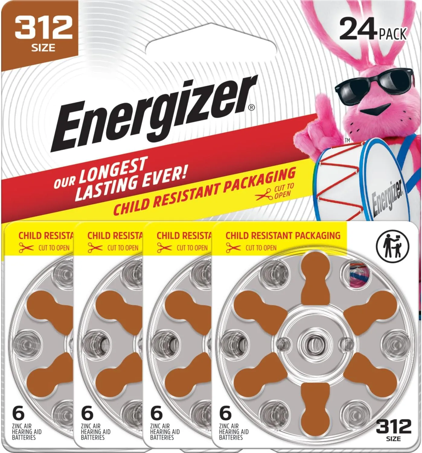 Energizer Hearing Aid Batteries Size 312, Brown Tab, 24 Pack