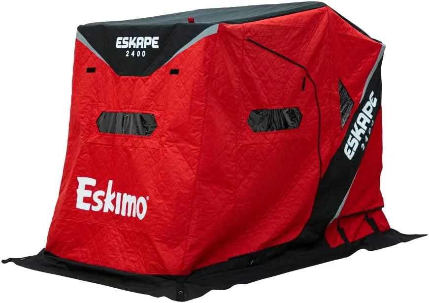 Eskimo Eskape 2400 Insulated 2 Person Ice Fishing Side-Door Sled Shelter with 60-Inch Sled and TearTuff Bench Seat Seats, Red/Black