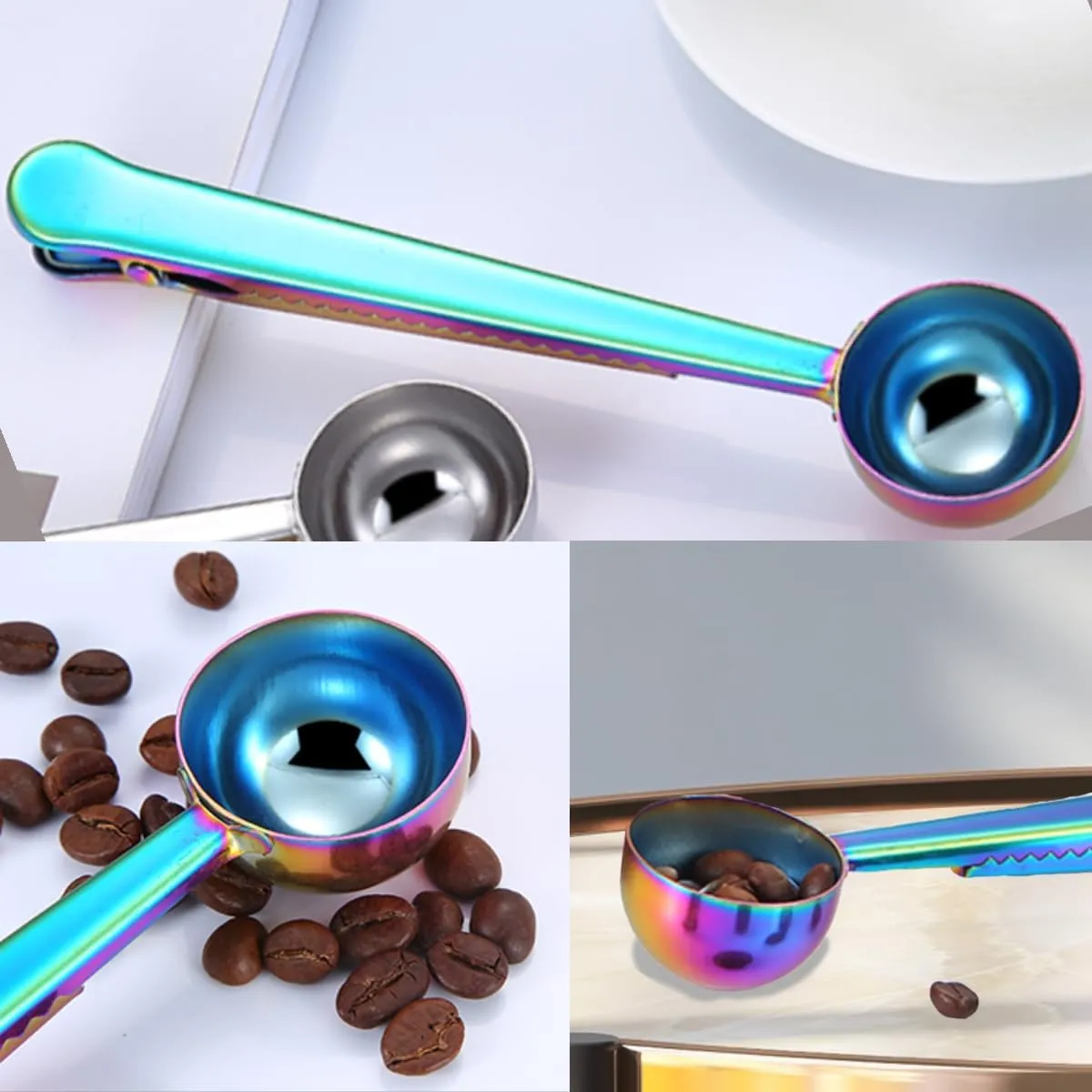Espresso and Coffee Measuring Spoon, Bag Clip, Solid Stainless Steel - Rainbow