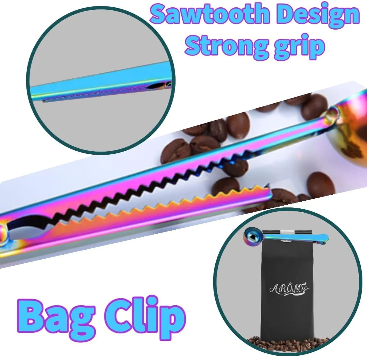 Espresso and Coffee Measuring Spoon, Bag Clip, Solid Stainless Steel - Rainbow
