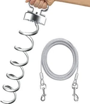 Eurmax USA Dog Tie Out Stake Bonus Dog Tie Out Cable Spiral Heavy Duty Anchor Kit for Dogs Saw Teeth Design Ground Anchor Stake for Trampolines, Canopy Tents,Car Ports (Silver)