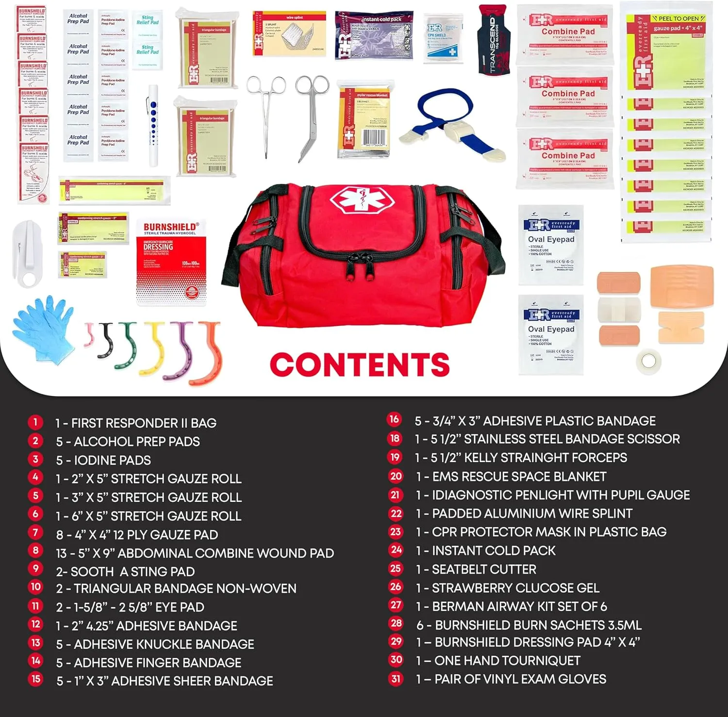 Ever Ready First Aid EMS First Responder Fully Stocked Trauma First Aid Kit - Red