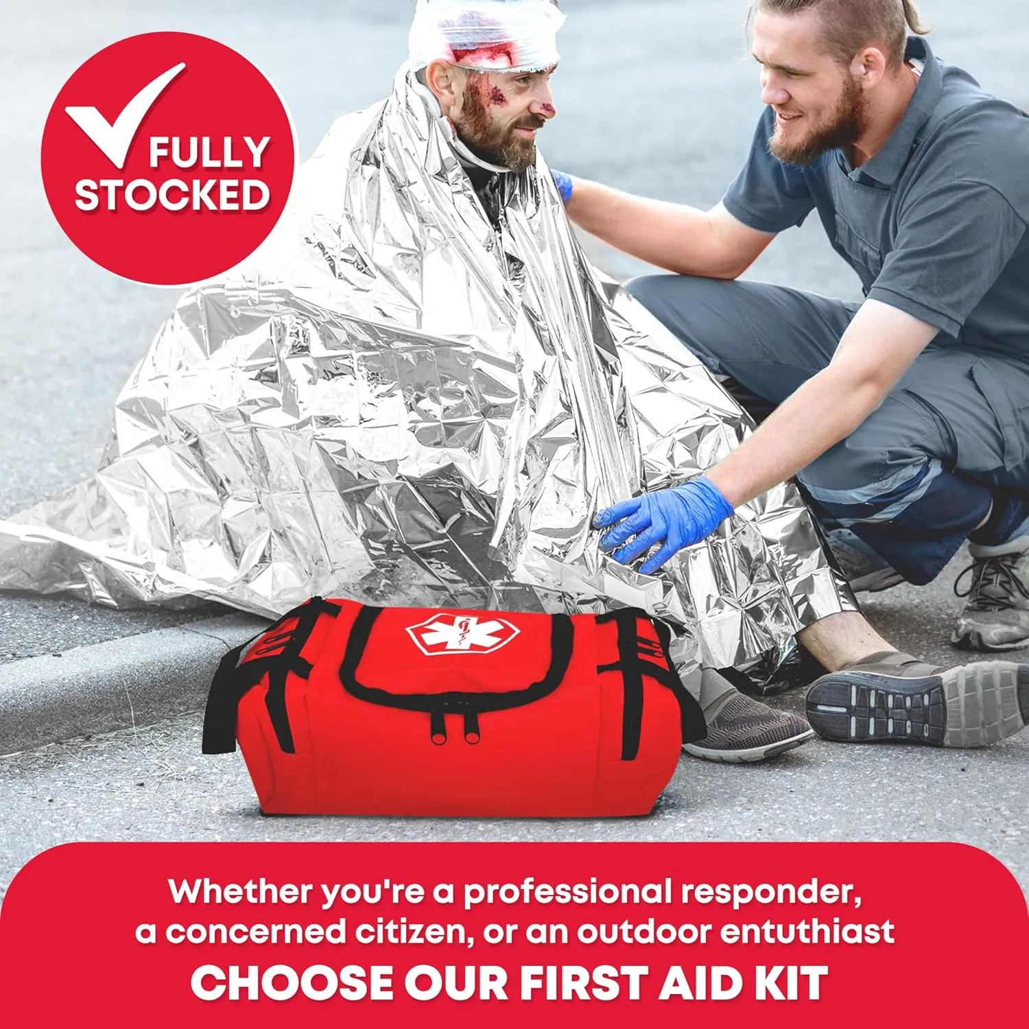 Ever Ready First Aid EMS First Responder Fully Stocked Trauma First Aid Kit - Red