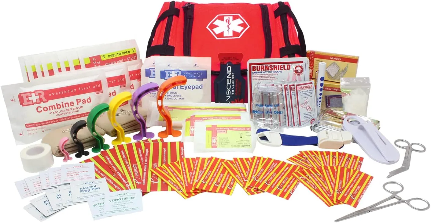 Ever Ready First Aid EMS First Responder Fully Stocked Trauma First Aid Kit - Red