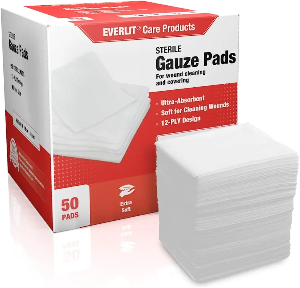 EVERLIT [Extra-Thick] 4''x4'' Sterile Gauze Pad 12-Ply, 100 Pack, Individual Wrapped, Ultra Absorbent Large Non-Woven Medical Gauze Sponges for Wound Care Home First Aid Kit