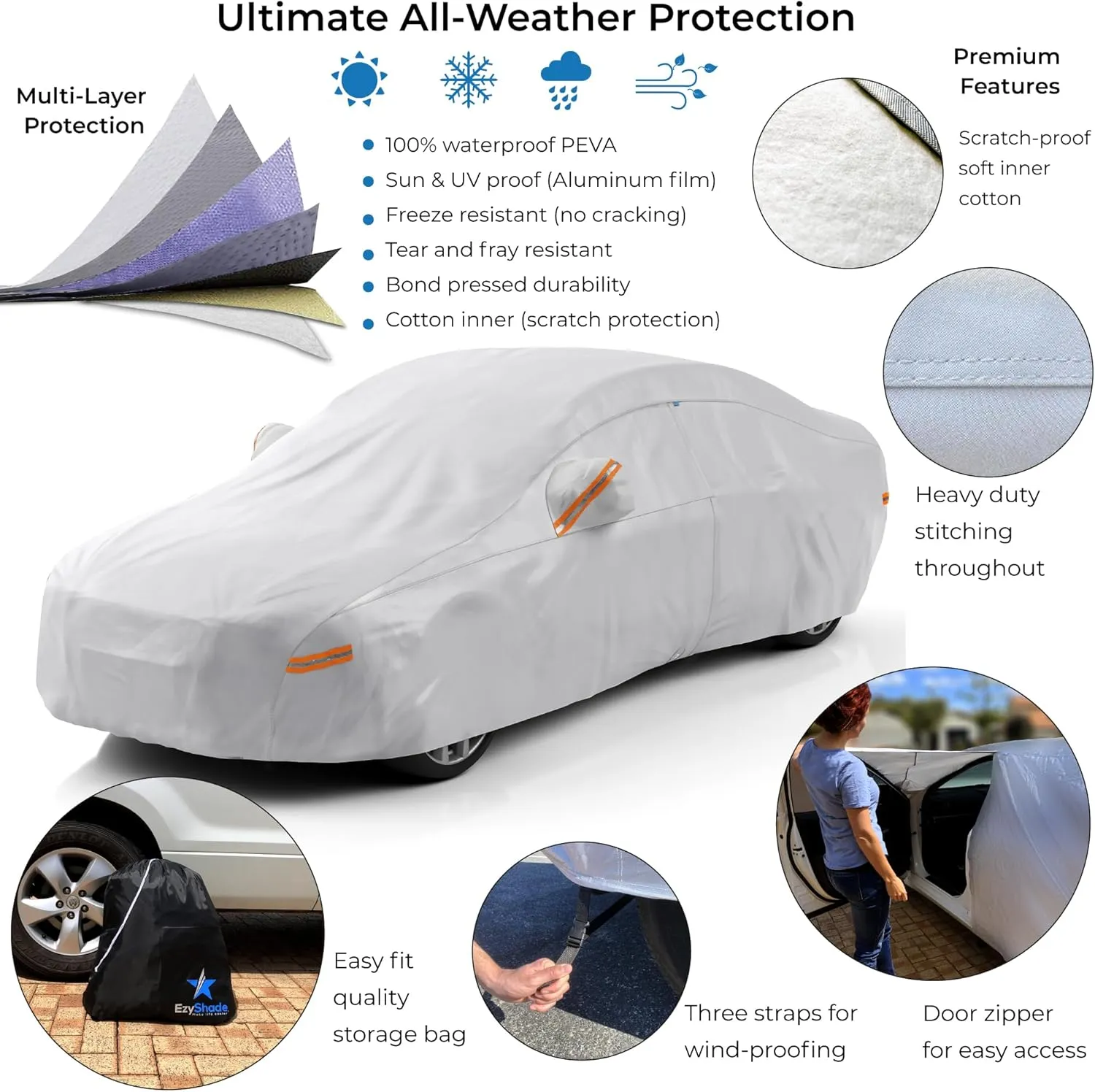 EzyShade 10-Layer Car Cover Waterproof All Weather. See Vehicle Size-Chart for Accurate Fit. Outdoor Full Exterior Covers for Automobiles Sedan Hatch SUV Rain Sun Protection. Size A3 (See SizeChart)
