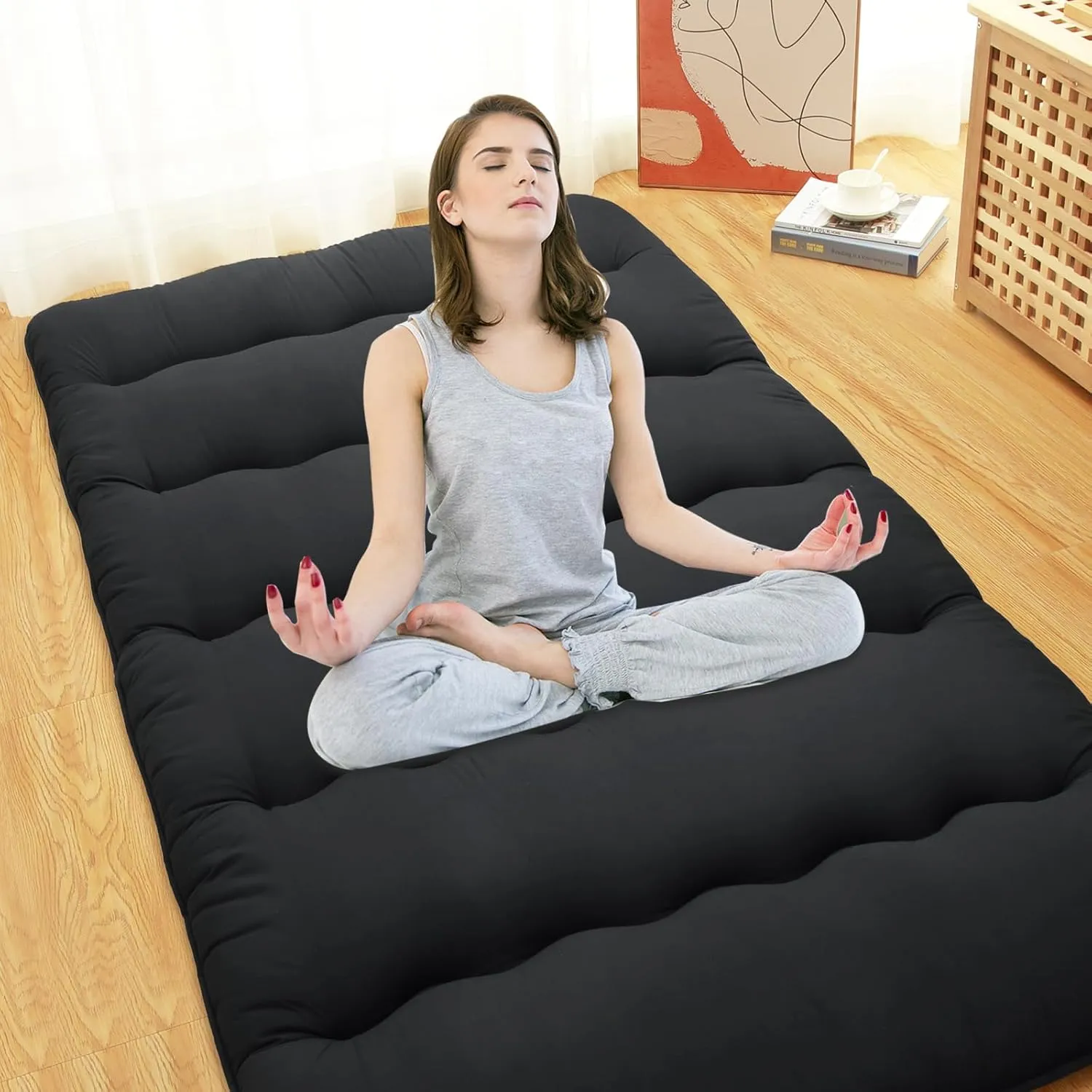 FairOnly Futon Mattress Twin Size, Japanese Futon Floor Mattress Sleeping Mattress for Floor, Tatami Mat, Camping Mattress Pad Roll Up Mattress Pad for RV Travel, Wave Black