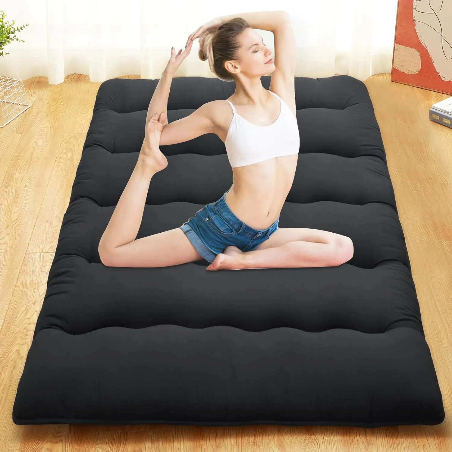 FairOnly Futon Mattress Twin Size, Japanese Futon Floor Mattress Sleeping Mattress for Floor, Tatami Mat, Camping Mattress Pad Roll Up Mattress Pad for RV Travel, Wave Black