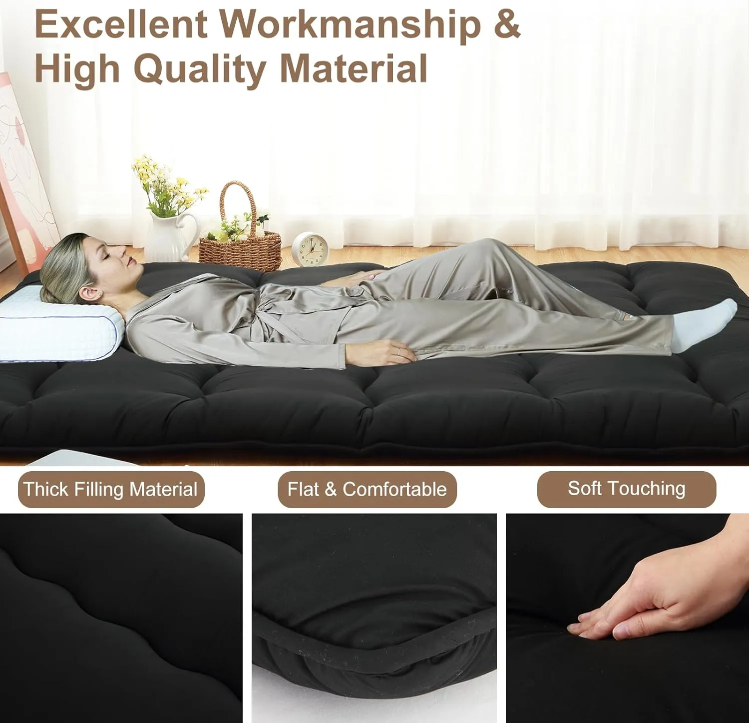 FairOnly Futon Mattress Twin Size, Japanese Futon Floor Mattress Sleeping Mattress for Floor, Tatami Mat, Camping Mattress Pad Roll Up Mattress Pad for RV Travel, Wave Black