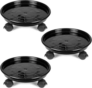 Fasmov 3 Pcs Plant Pallet Caddy Plant Stand Round Flower Pot Mover, Plant Pot Pallet Dolly Caster with Universal Wheels (Black)