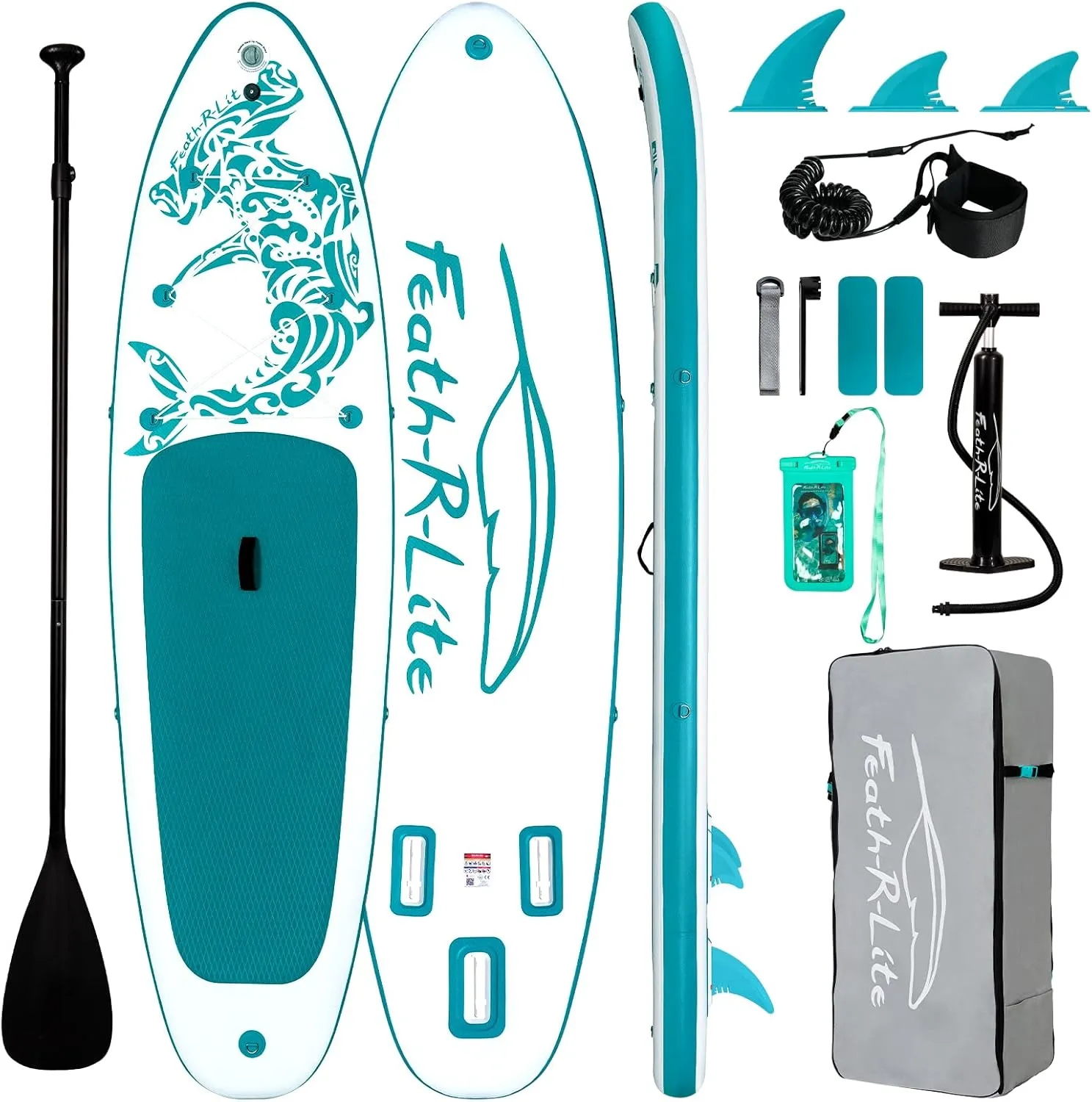 FEATH-R-LITE Inflatable Paddle Board Stand Up Paddleboards for Adults SUP with Premium Accessories Pump, Adjustable Paddle, Leash, Three Fins, Backpack