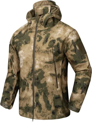 Finelylove Men's Military Tactical Jacket Camo Fleece Lined Softshell Rain Jacket Waterproof Raincoat for Hunting Hiking