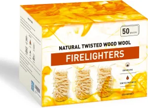 Fire Starters,Charcoal Starters Wood Wool Long Burning Natural Kindling for Fireplace,Campfire,Fire Pit, BBQ Grill,Wood Pellet Stove,Log Burner,Pizza Oven,Smokers 50 Pcs
