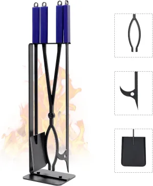 Fireplace Tools Set Indoor, 28" Fire Poker Fire Tongs and Shovel, Wrought Iron Firewood Tongs with Metal Stand and Rubber Handle Log Grabber for Fire Pit Ash Shovel for Campfire Backyard Bonfire