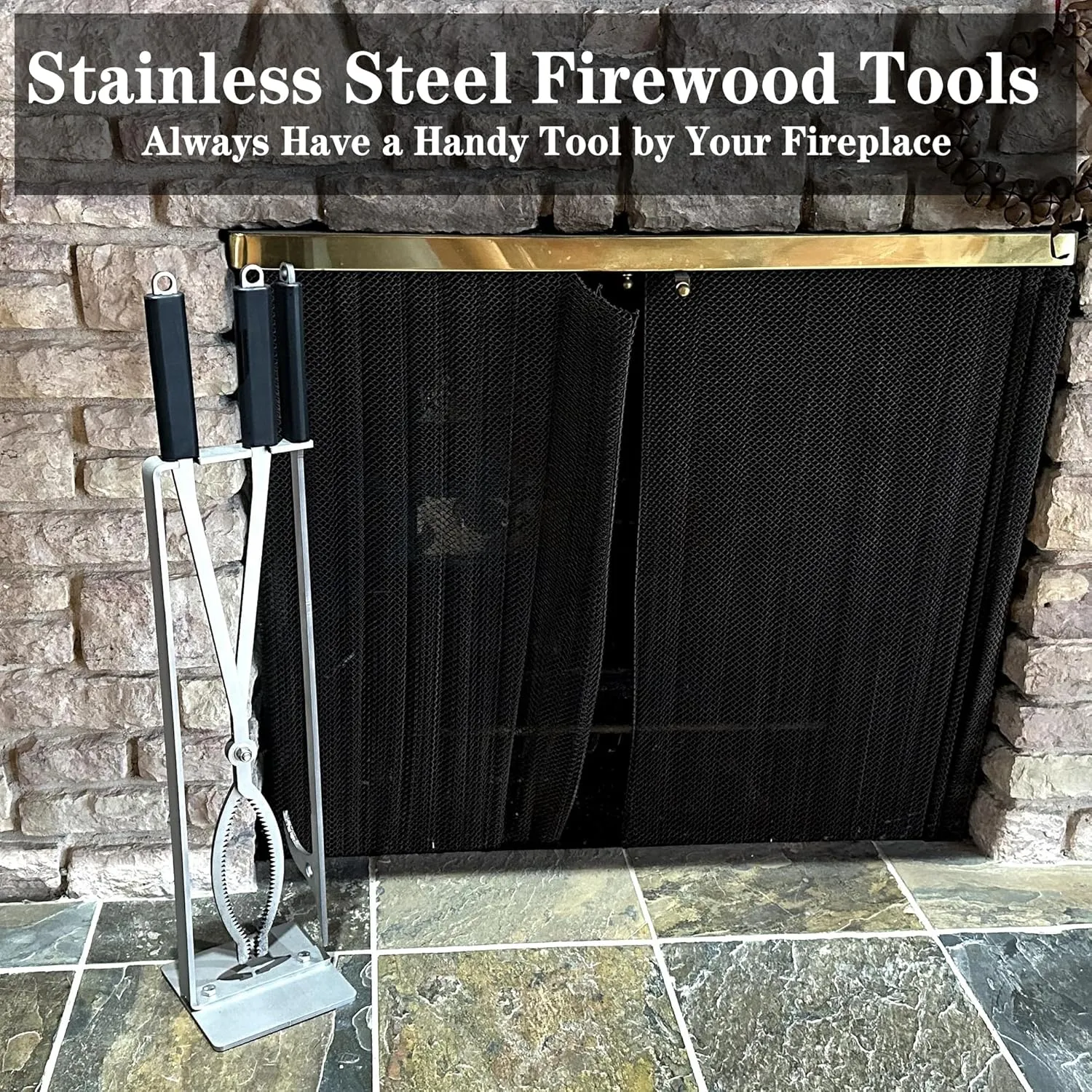 Fireplace Tools Set with 28" Fire Poker and Fire Tongs, Stainless Steel Firewood Tongs with Sturdy Stand, Rubber Handle Log Grabber for Fire Pit Campfire Backyard Bonfire Wood Stove Indoor&Outdoor