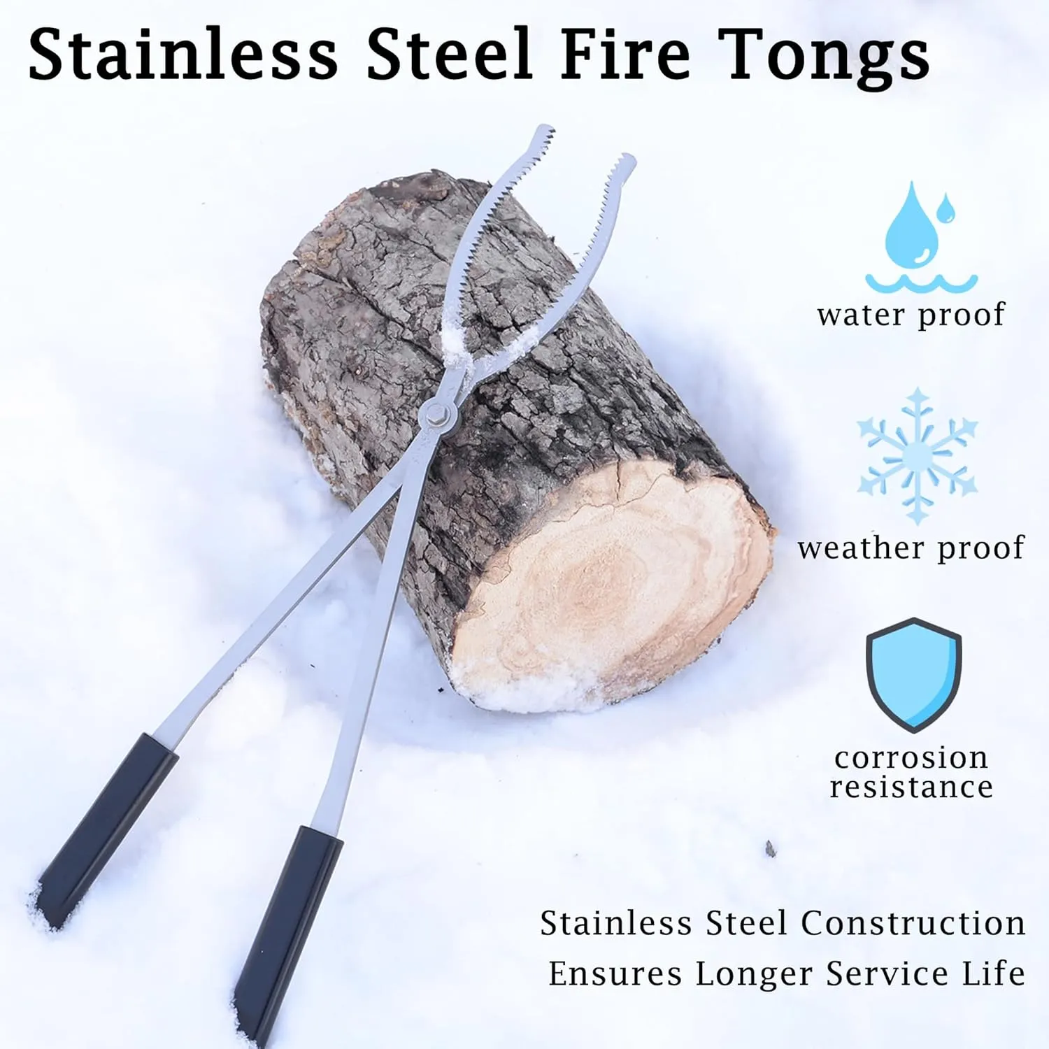 Fireplace Tools Set with 28" Fire Poker and Fire Tongs, Stainless Steel Firewood Tongs with Sturdy Stand, Rubber Handle Log Grabber for Fire Pit Campfire Backyard Bonfire Wood Stove Indoor&Outdoor