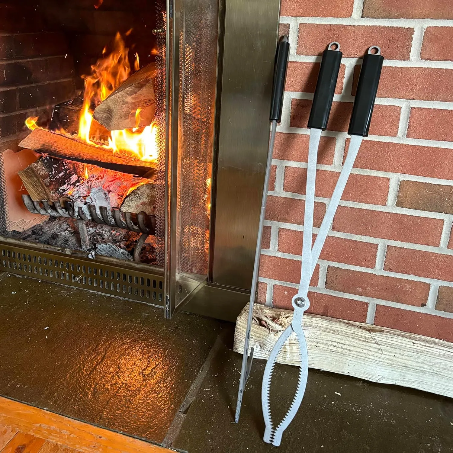 Fireplace Tools Set with 28" Fire Poker and Fire Tongs, Stainless Steel Firewood Tongs with Sturdy Stand, Rubber Handle Log Grabber for Fire Pit Campfire Backyard Bonfire Wood Stove Indoor&Outdoor